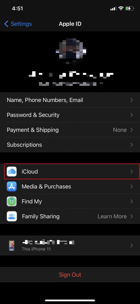 Toque em Apple ID - iCloud | visualizar iMessages de chats bloqueados