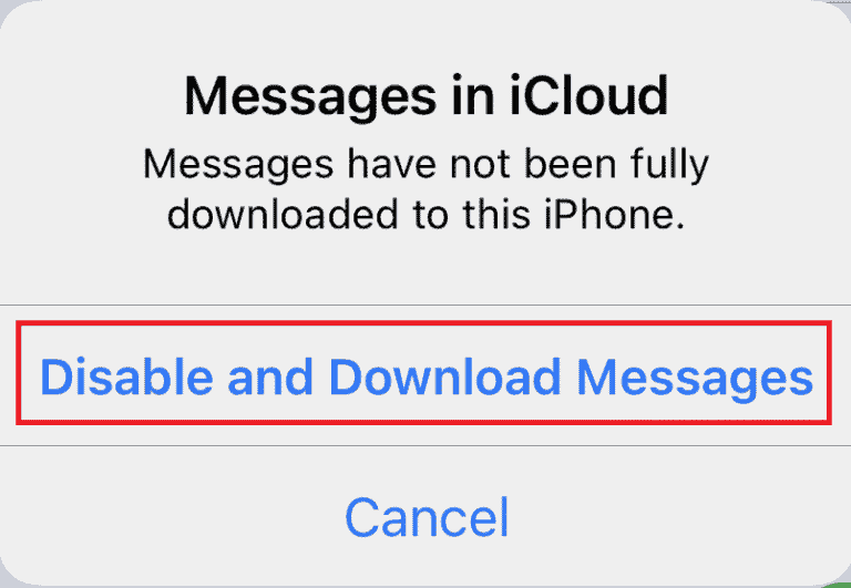 Toque em Desativar e fazer download de mensagens | Ver iMessages de chats bloqueados